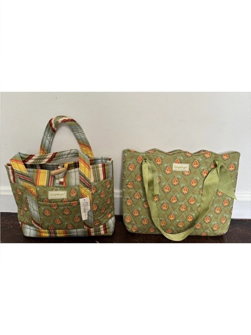 Longaberger 2 Homestead Totes Green Paisley Ribbon & Green
Paisley Stripe